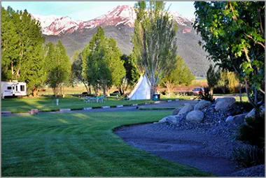 Mountain View RV Campground and tepees cloaked in afternoon shadows near Joseph, Oregon