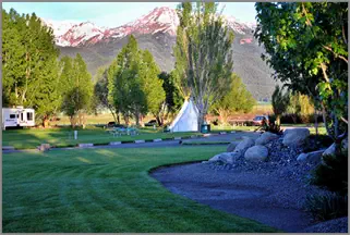 Mountain View RV Campground and tepees cloaked in afternoon shadows near Joseph, Oregon