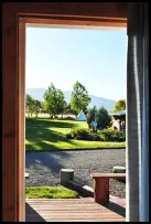 The wildflower garden, tepees and Wallow Mountains from the back deck of the Mountain Lakes Room near Joseph, Oregon.