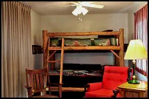 The log-style bunk bed in the Red Rooster’s sitting room is great for kids visiting Joseph, Oregon